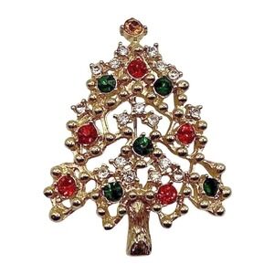 Vintage Christmas Tree Brooch Gold-Tone Red Green Rhinestone Holiday Pin Jewelry